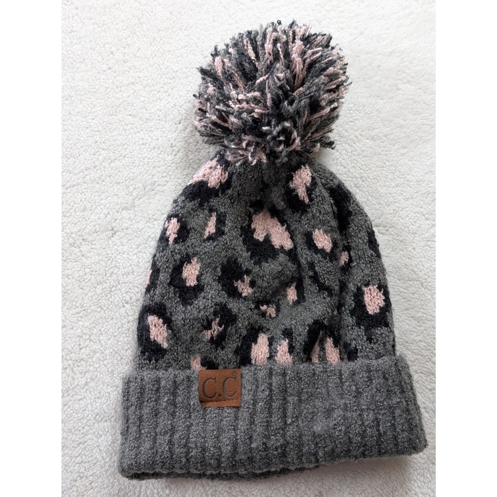CC Exclusives Grey‎ Pink Leopard Print Beanie Pom Pom Knit Winter Hat Animal